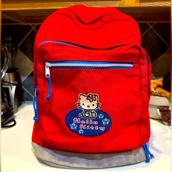 VTG HELLO KITTY SANRIO RED BLUE BACKPACK SUEDE GRAY LEATHER BOTTOM SCHOOL CUTE! - Picture 13 of 15